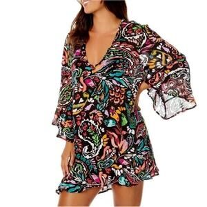 Anne Cole Flounce Tunic Swimsuit Coverup Women's Size XS/S Petaly Paisley Black